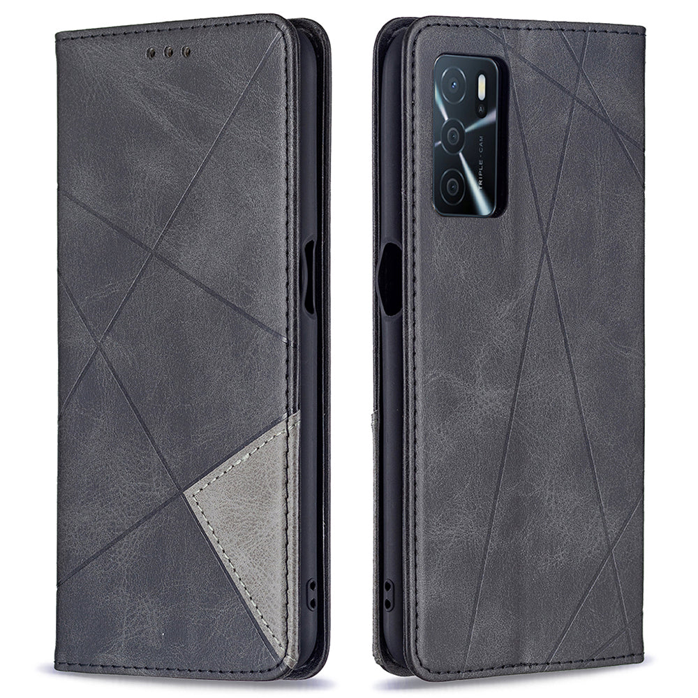 Magnetic Closure Card Holder Vintage Rhombus-Like Imprinting Drop-proof Leather Stand Protective Case for Oppo A16/A16s/A54s