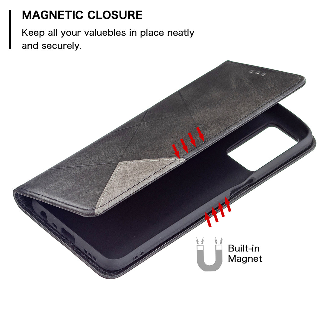 Magnetic Closure Card Holder Vintage Rhombus-Like Imprinting Drop-proof Leather Stand Protective Case for Oppo A16/A16s/A54s