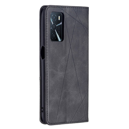 Magnetic Closure Card Holder Vintage Rhombus-Like Imprinting Drop-proof Leather Stand Protective Case for Oppo A16/A16s/A54s