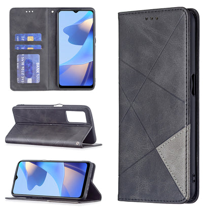 Magnetic Closure Card Holder Vintage Rhombus-Like Imprinting Drop-proof Leather Stand Protective Case for Oppo A16/A16s/A54s