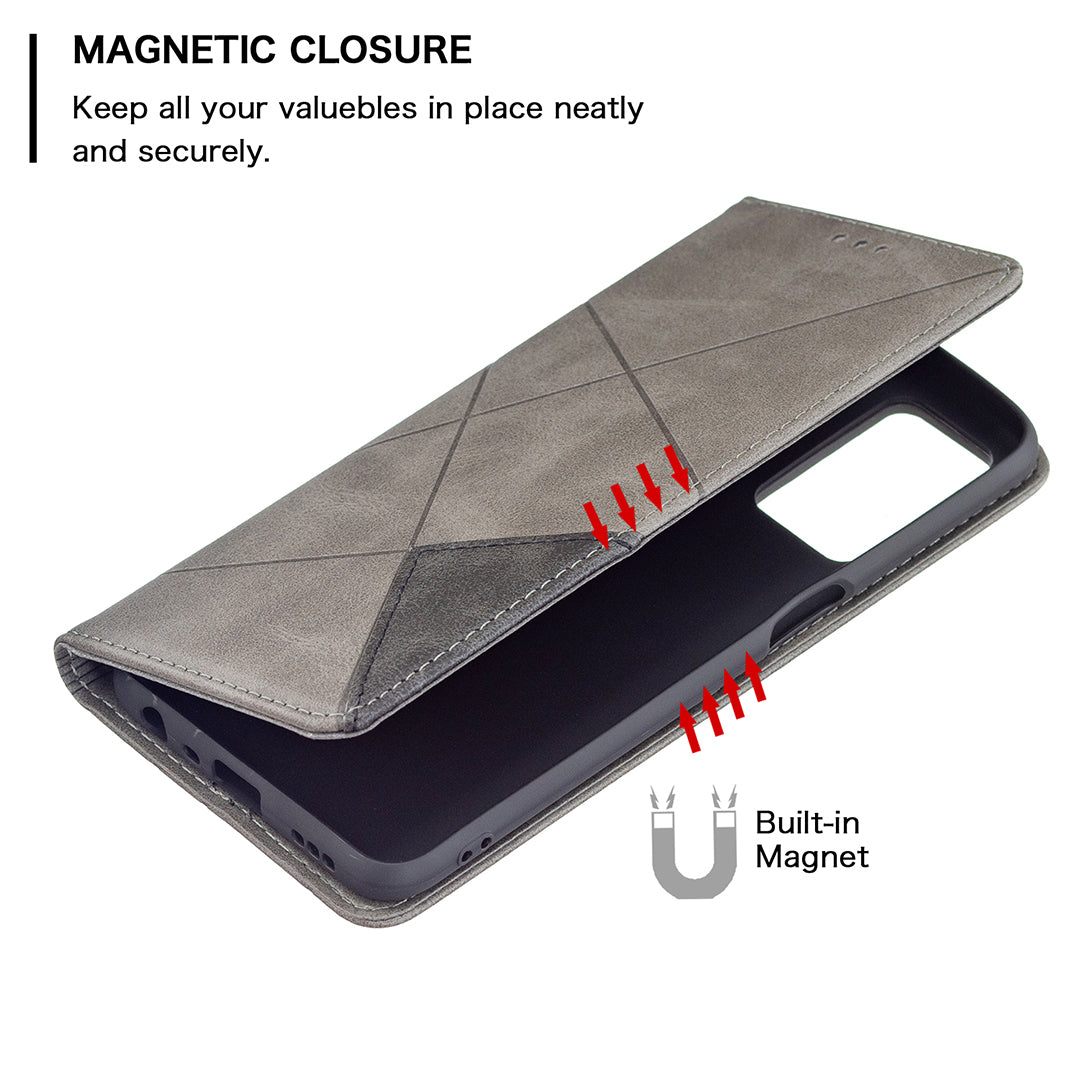 Magnetic Closure Card Holder Vintage Rhombus-Like Imprinting Drop-proof Leather Stand Protective Case for Oppo A16/A16s/A54s