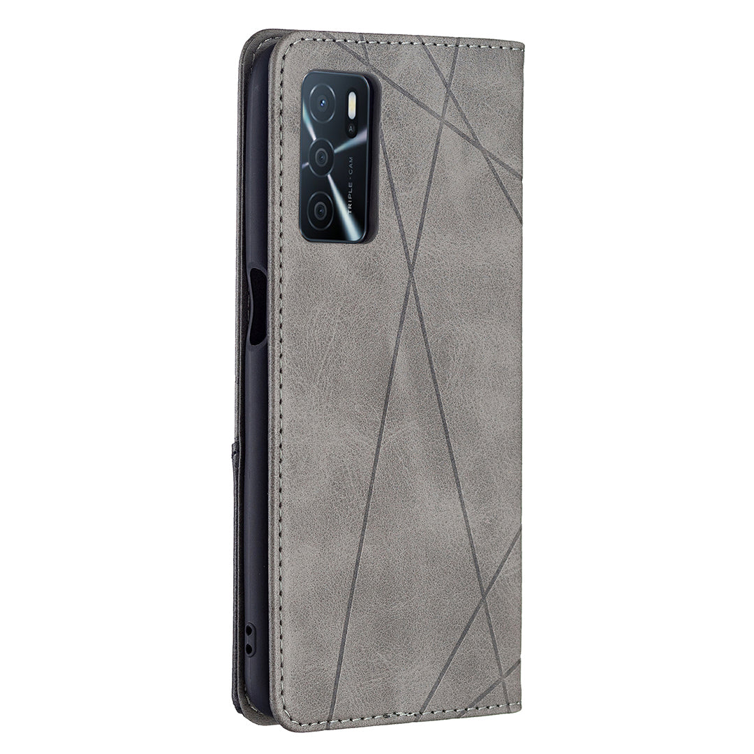 Magnetic Closure Card Holder Vintage Rhombus-Like Imprinting Drop-proof Leather Stand Protective Case for Oppo A16/A16s/A54s