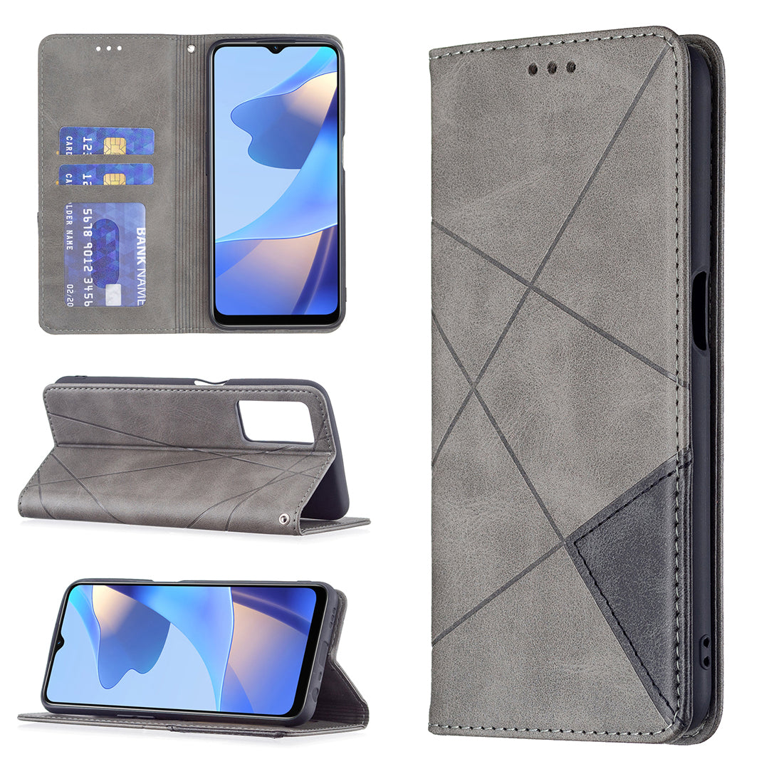 Magnetic Closure Card Holder Vintage Rhombus-Like Imprinting Drop-proof Leather Stand Protective Case for Oppo A16/A16s/A54s