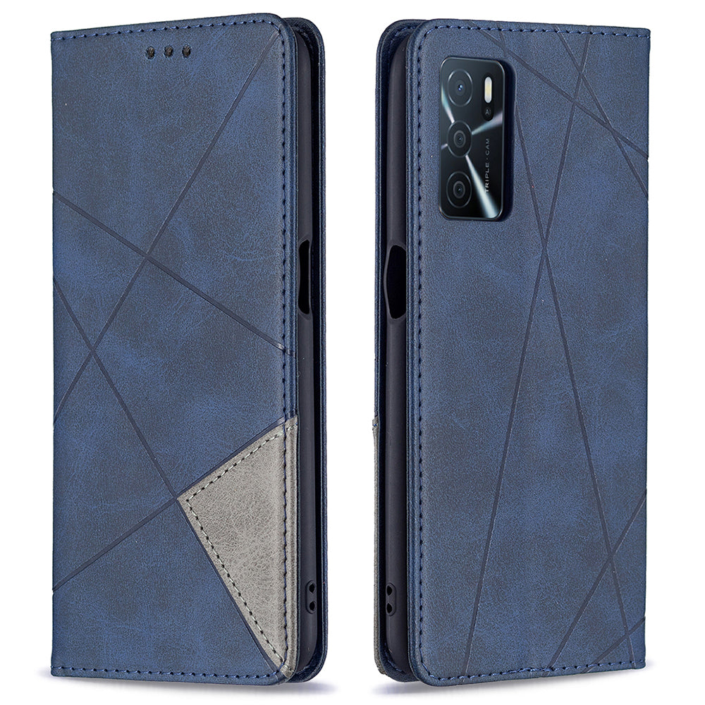 Magnetic Closure Card Holder Vintage Rhombus-Like Imprinting Drop-proof Leather Stand Protective Case for Oppo A16/A16s/A54s