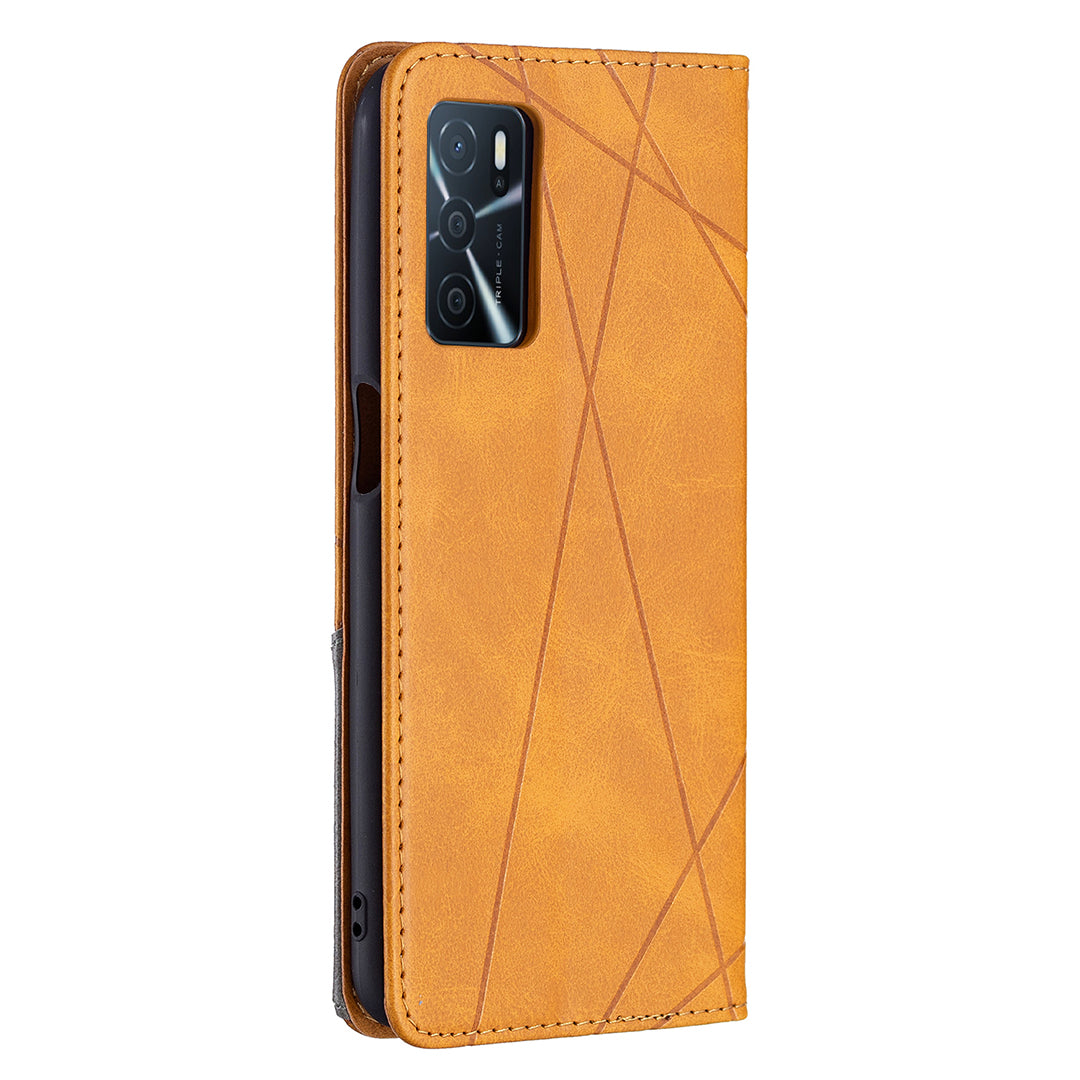 Magnetic Closure Card Holder Vintage Rhombus-Like Imprinting Drop-proof Leather Stand Protective Case for Oppo A16/A16s/A54s