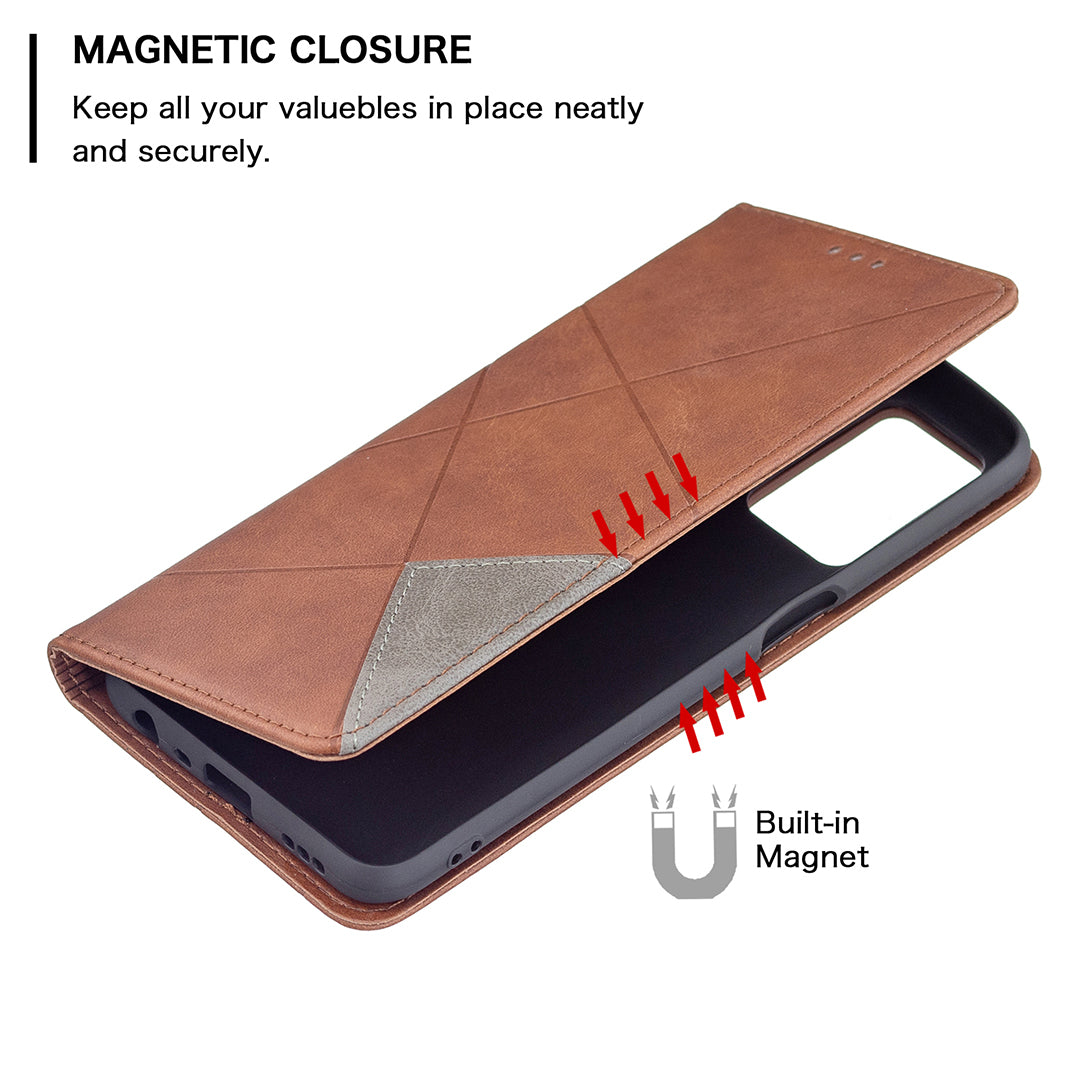 Magnetic Closure Card Holder Vintage Rhombus-Like Imprinting Drop-proof Leather Stand Protective Case for Oppo A16/A16s/A54s