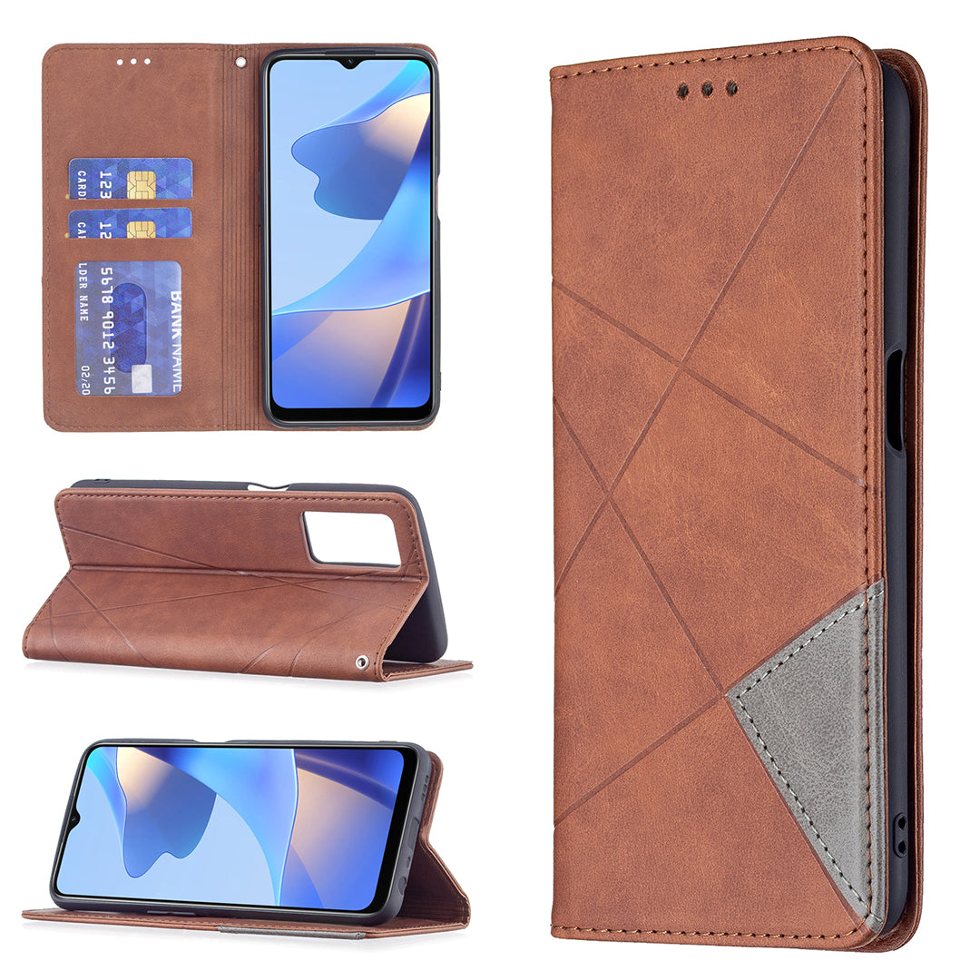 Magnetic Closure Card Holder Vintage Rhombus-Like Imprinting Drop-proof Leather Stand Protective Case for Oppo A16/A16s/A54s