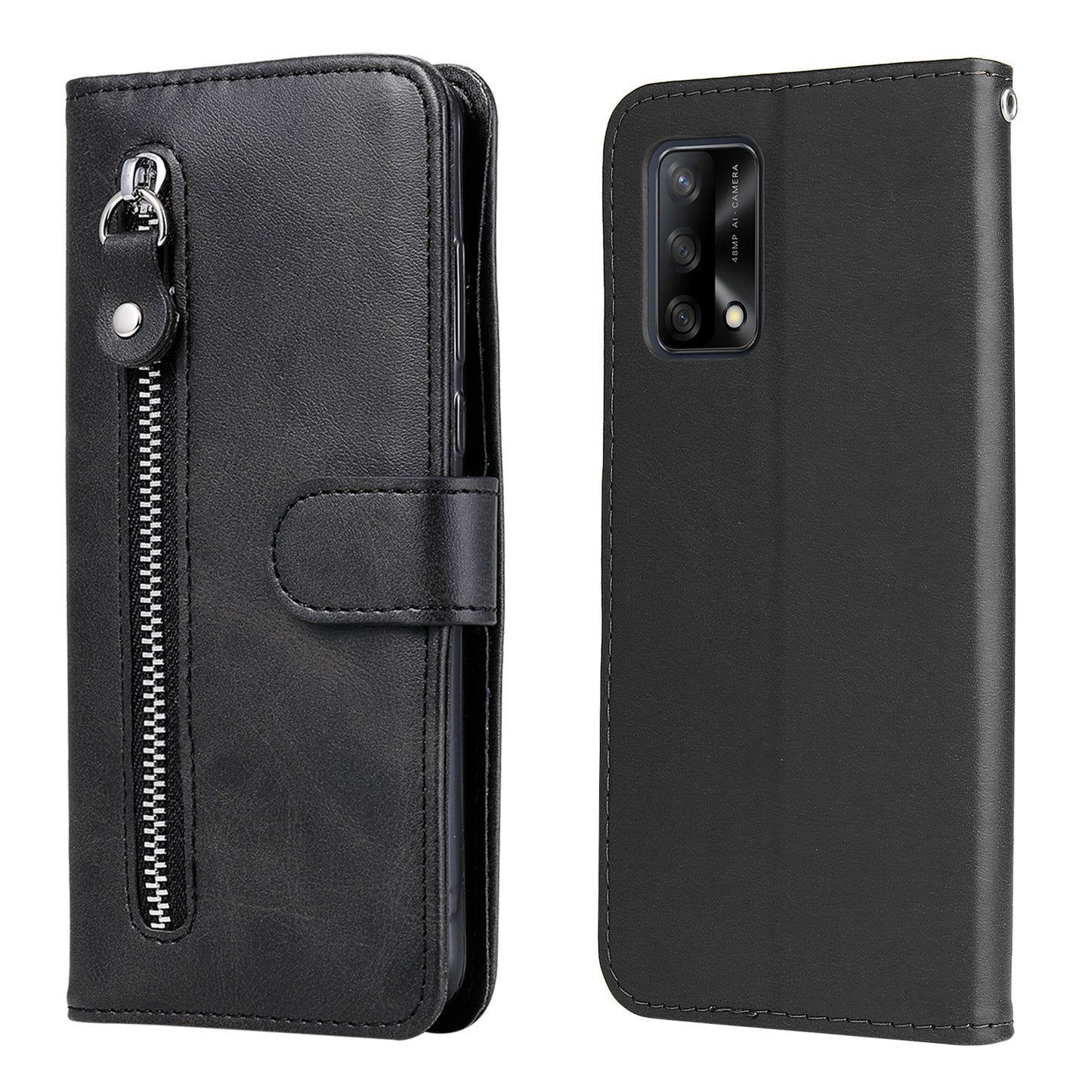 Fashionable Flip Phone Case Zipper Pocket Design Wallet PU Leather Phone Cover for Oppo F19 / A74 4G