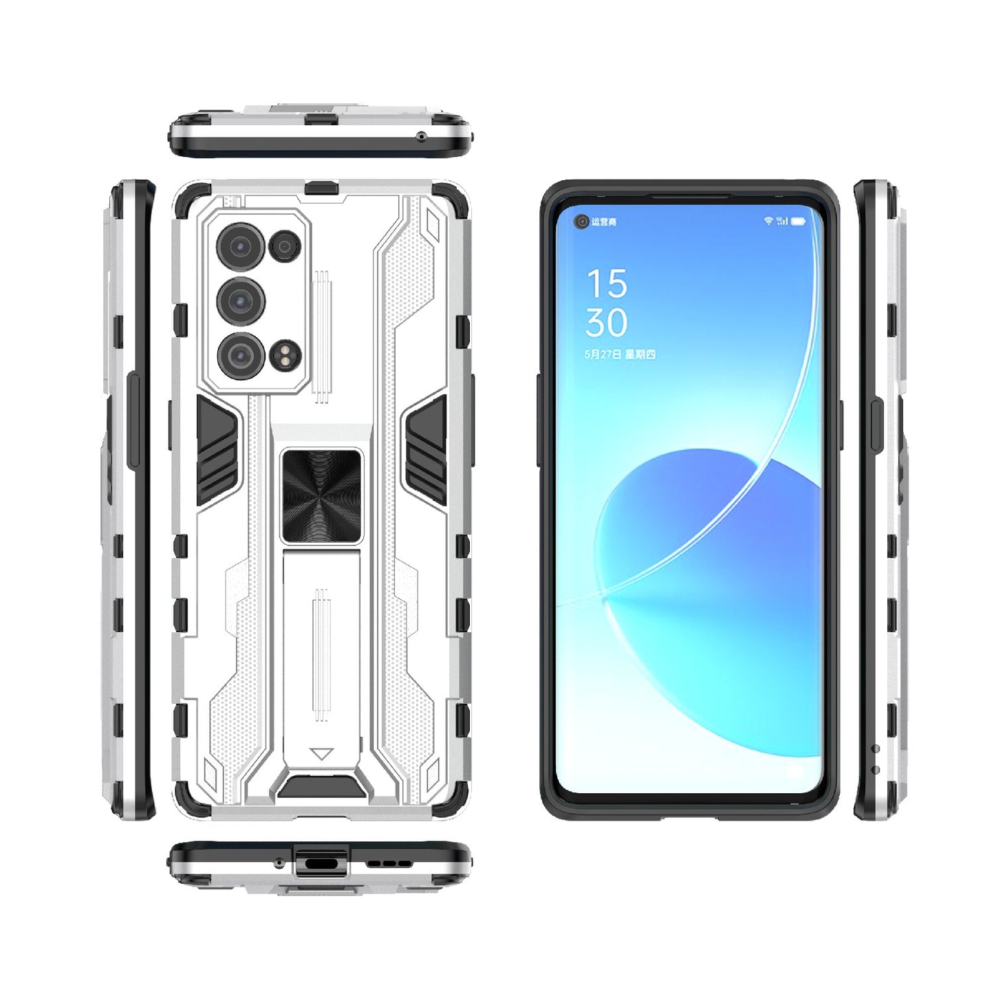 Kickstand Design Hard PC Back + Soft TPU Bumper Bumper Drop Proof Protective Case for Oppo Reno6 Pro+ 5G