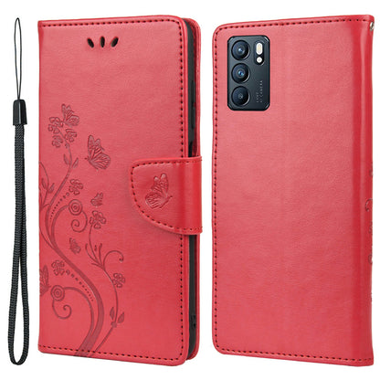 Butterfly Flower Imprinted Leather Wallet Stand Full Protection Phone Case Cover with Lanyard for Oppo Reno6 5G