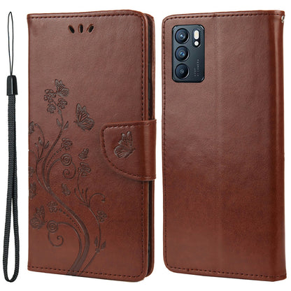 Butterfly Flower Imprinted Leather Wallet Stand Full Protection Phone Case Cover with Lanyard for Oppo Reno6 5G