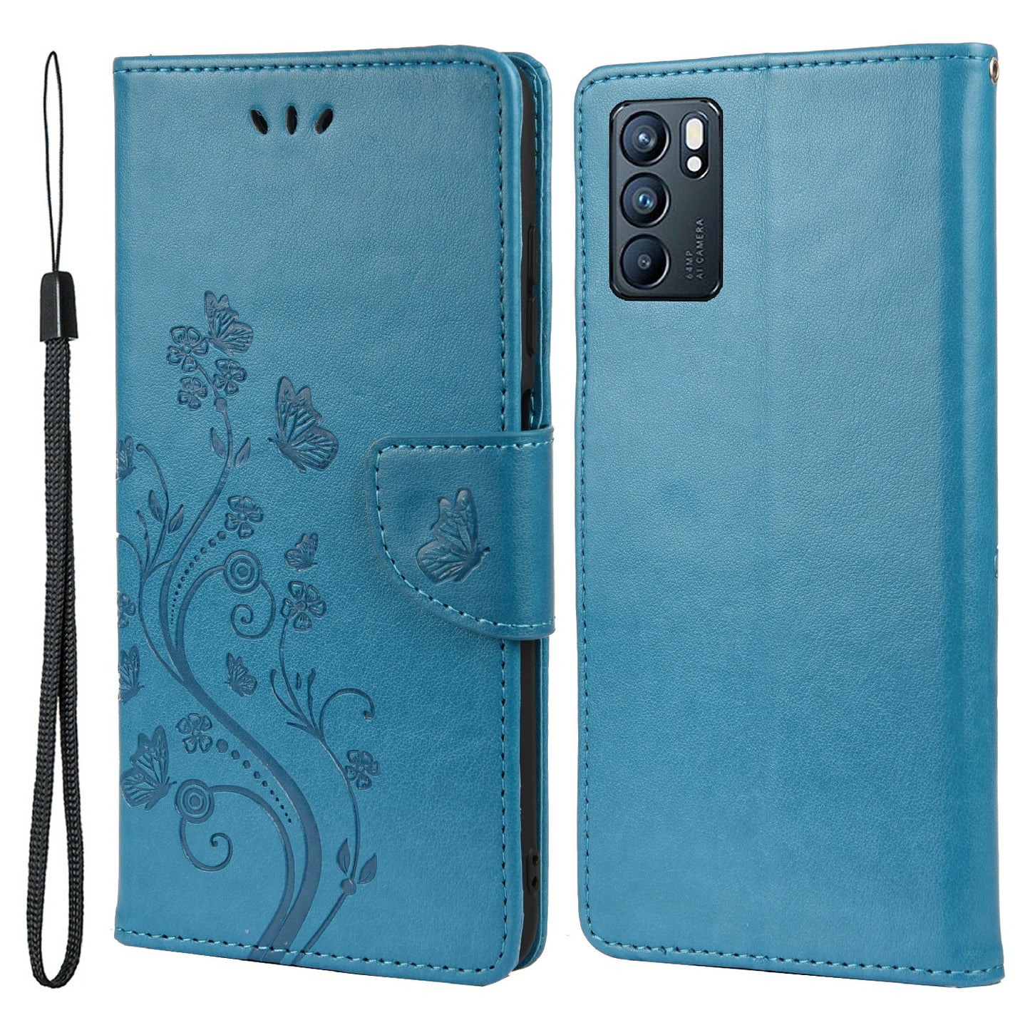 Butterfly Flower Imprinted Leather Wallet Stand Full Protection Phone Case Cover with Lanyard for Oppo Reno6 5G