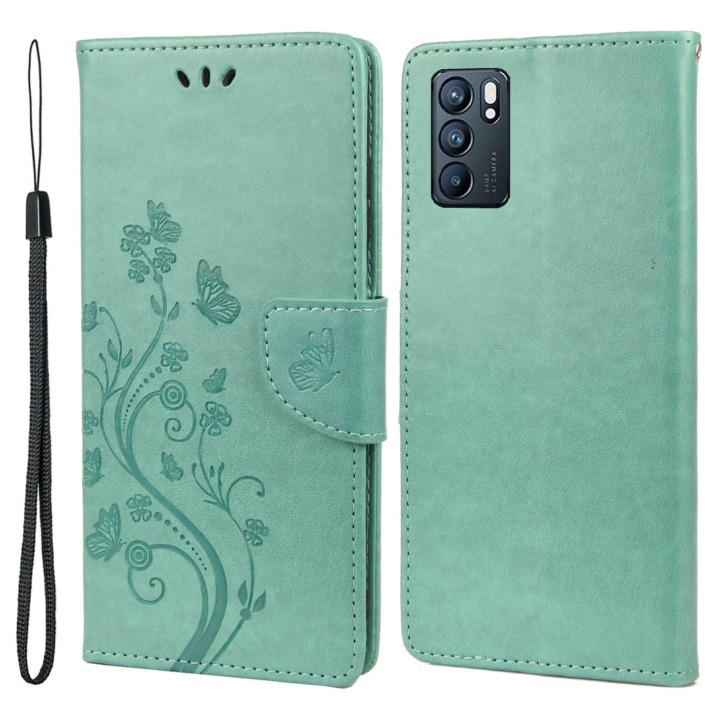 Butterfly Flower Imprinted Leather Wallet Stand Full Protection Phone Case Cover with Lanyard for Oppo Reno6 5G