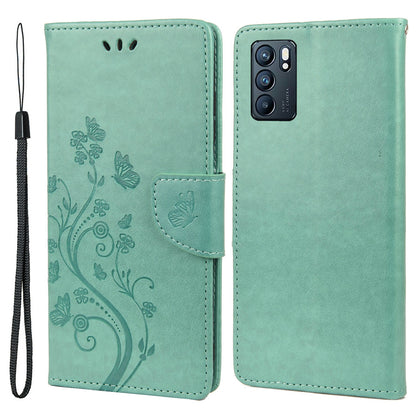 Butterfly Flower Imprinted Leather Wallet Stand Full Protection Phone Case Cover with Lanyard for Oppo Reno6 5G