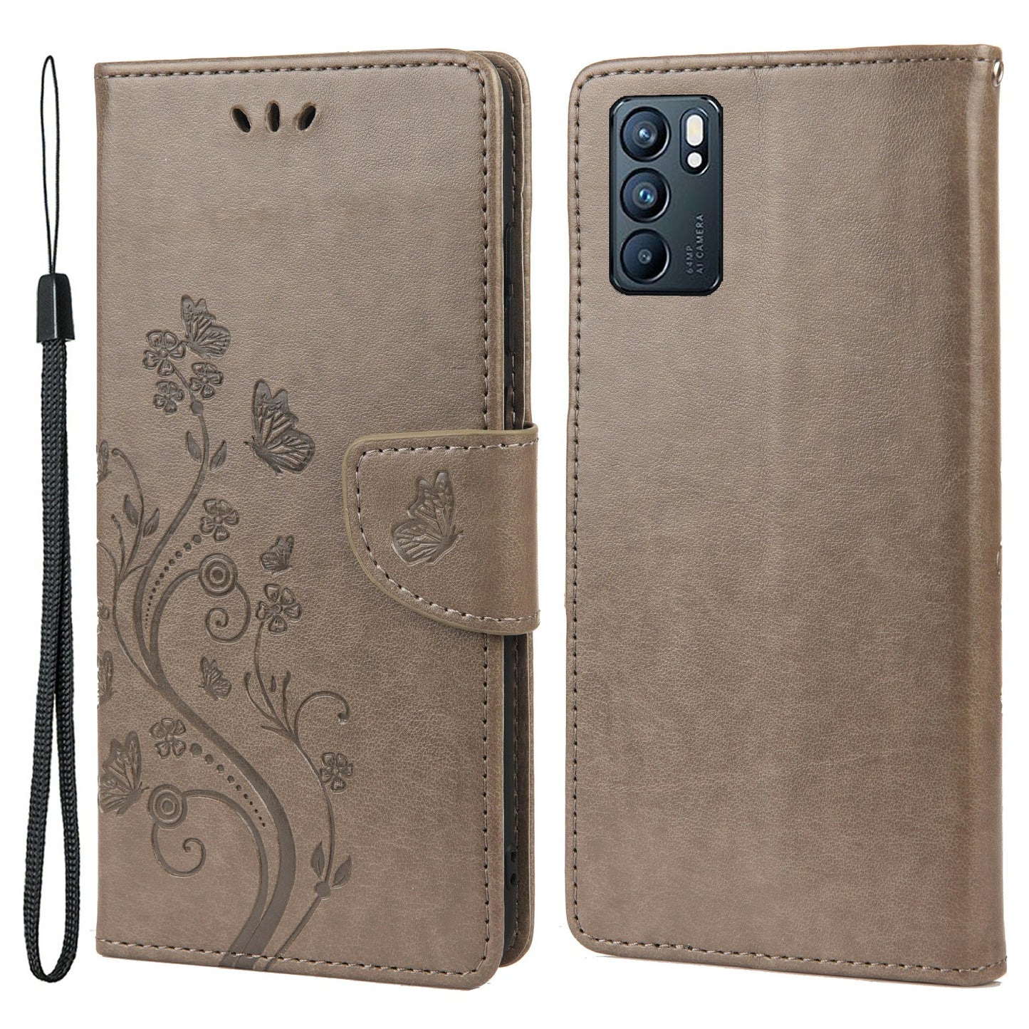 Butterfly Flower Imprinted Leather Wallet Stand Full Protection Phone Case Cover with Lanyard for Oppo Reno6 5G