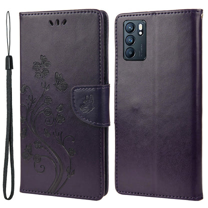 Butterfly Flower Imprinted Leather Wallet Stand Full Protection Phone Case Cover with Lanyard for Oppo Reno6 5G