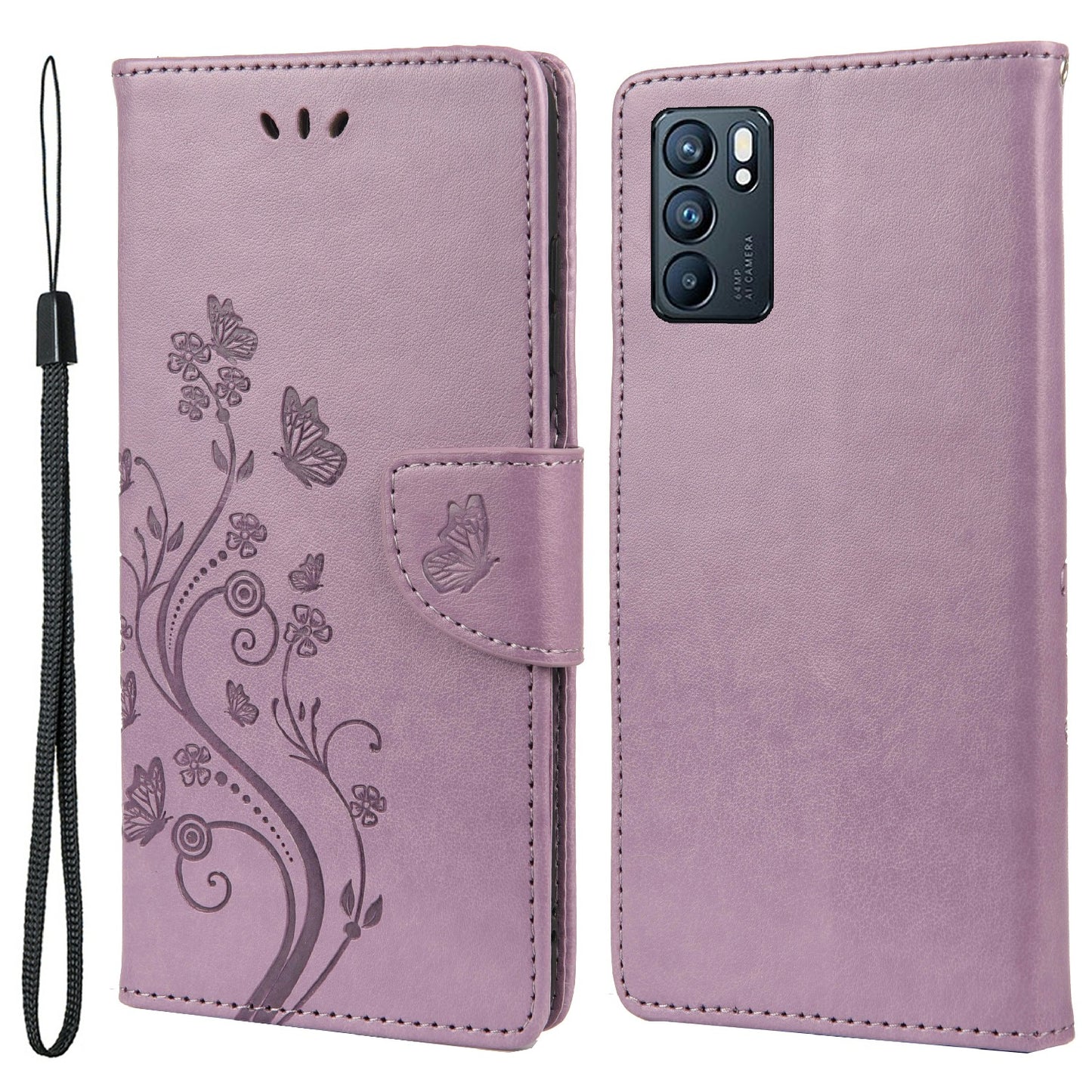 Butterfly Flower Imprinted Leather Wallet Stand Full Protection Phone Case Cover with Lanyard for Oppo Reno6 5G