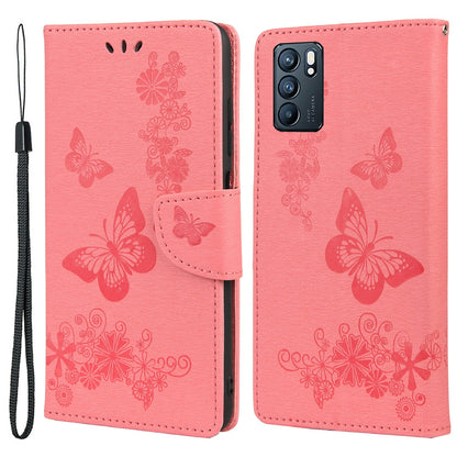 Imprinted Butterflies Flower Leather Wallet Stand Phone Protective Case Shell for Oppo Reno6 5G