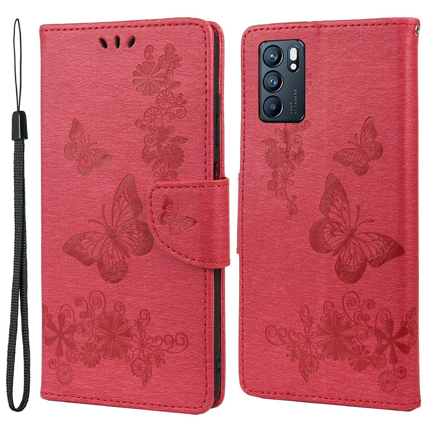 Imprinted Butterflies Flower Leather Wallet Stand Phone Protective Case Shell for Oppo Reno6 5G