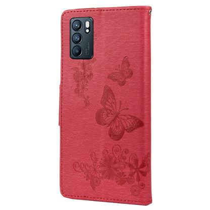 Imprinted Butterflies Flower Leather Wallet Stand Phone Protective Case Shell for Oppo Reno6 5G