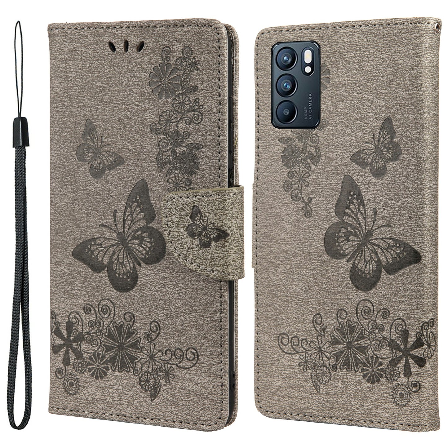 Imprinted Butterflies Flower Leather Wallet Stand Phone Protective Case Shell for Oppo Reno6 5G