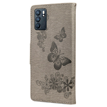 Imprinted Butterflies Flower Leather Wallet Stand Phone Protective Case Shell for Oppo Reno6 5G