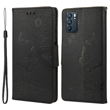 Imprinted Butterflies Flower Leather Wallet Stand Phone Protective Case Shell for Oppo Reno6 5G