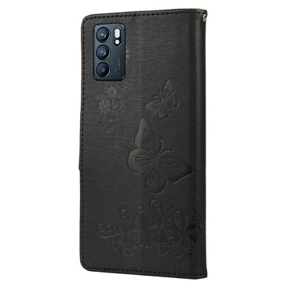 Imprinted Butterflies Flower Leather Wallet Stand Phone Protective Case Shell for Oppo Reno6 5G