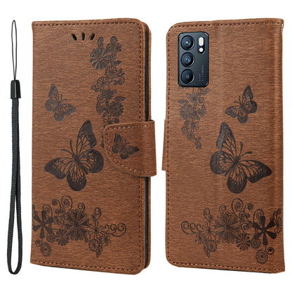 Imprinted Butterflies Flower Leather Wallet Stand Phone Protective Case Shell for Oppo Reno6 5G