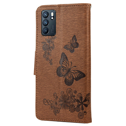 Imprinted Butterflies Flower Leather Wallet Stand Phone Protective Case Shell for Oppo Reno6 5G