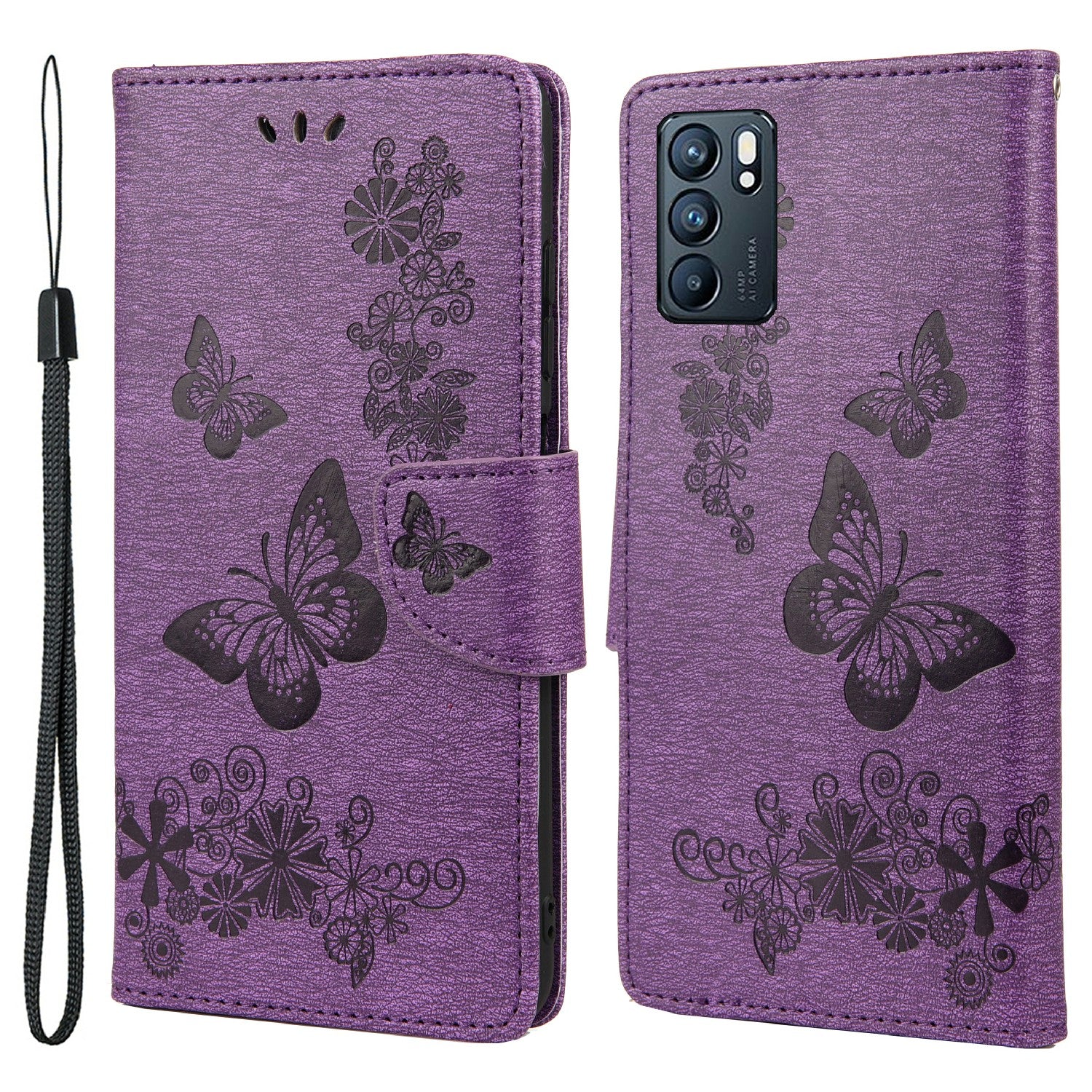 Imprinted Butterflies Flower Leather Wallet Stand Phone Protective Case Shell for Oppo Reno6 5G