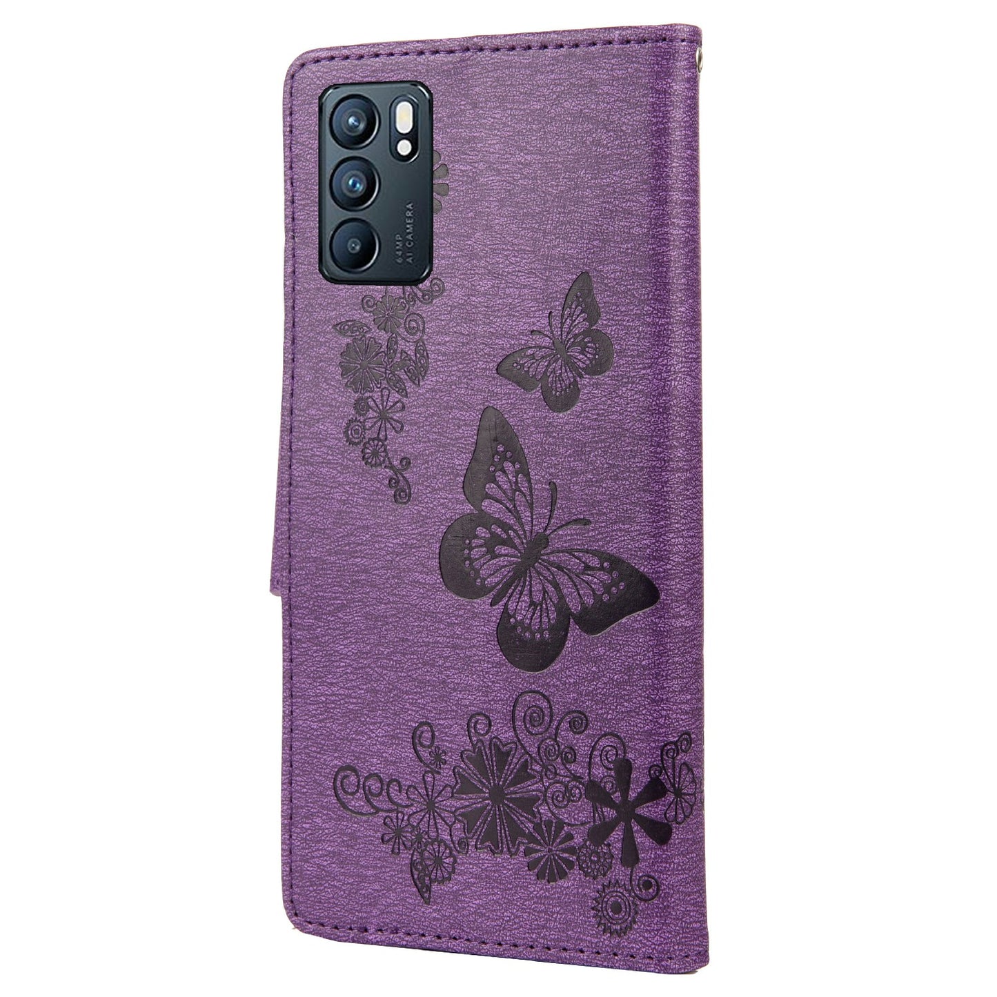 Imprinted Butterflies Flower Leather Wallet Stand Phone Protective Case Shell for Oppo Reno6 5G