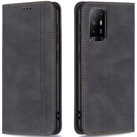 BINFEN COLOR Stylish RFID Blocking Design Anti-drop PU Leather Phone Case Wear-resistant Stand Cover for Oppo A94 5G/F19 Pro+ 5G/Reno5 Z