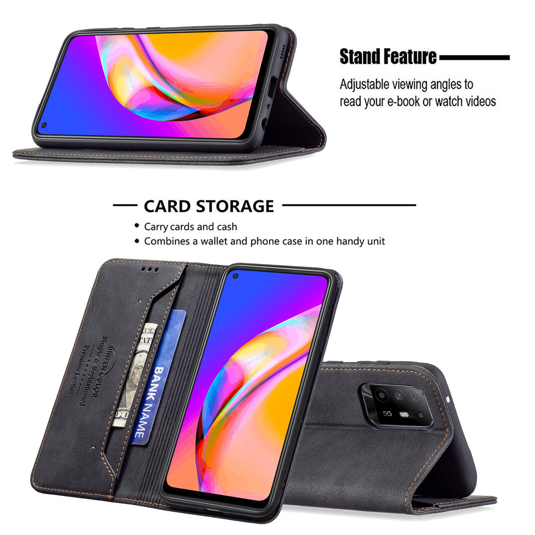 BINFEN COLOR Stylish RFID Blocking Design Anti-drop PU Leather Phone Case Wear-resistant Stand Cover for Oppo A94 5G/F19 Pro+ 5G/Reno5 Z