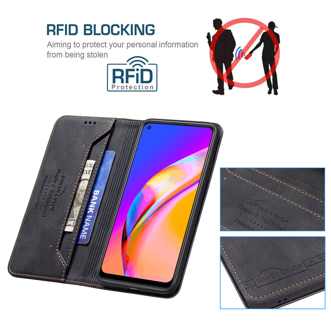 BINFEN COLOR Stylish RFID Blocking Design Anti-drop PU Leather Phone Case Wear-resistant Stand Cover for Oppo A94 5G/F19 Pro+ 5G/Reno5 Z