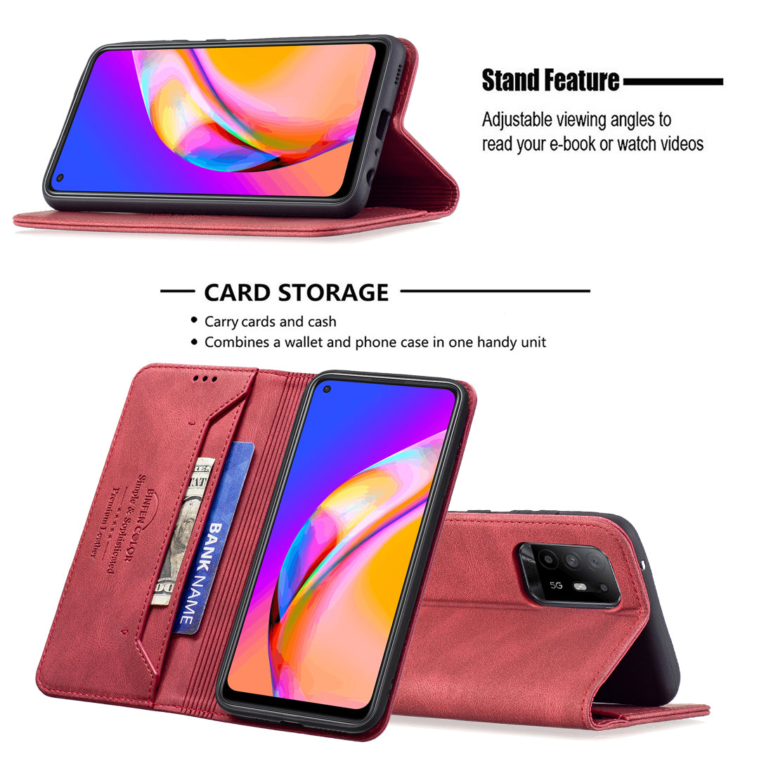 BINFEN COLOR Stylish RFID Blocking Design Anti-drop PU Leather Phone Case Wear-resistant Stand Cover for Oppo A94 5G/F19 Pro+ 5G/Reno5 Z