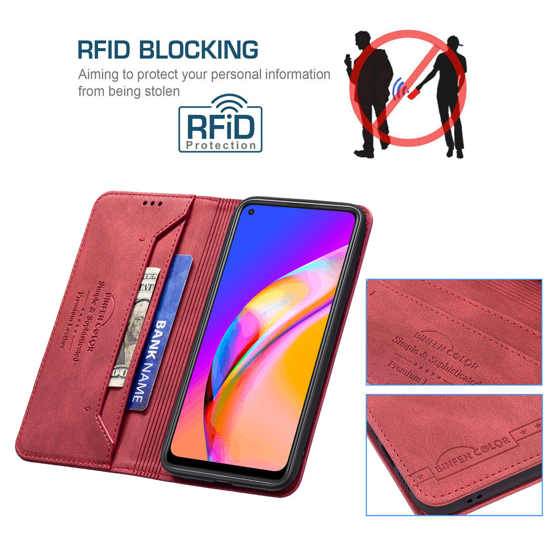 BINFEN COLOR Stylish RFID Blocking Design Anti-drop PU Leather Phone Case Wear-resistant Stand Cover for Oppo A94 5G/F19 Pro+ 5G/Reno5 Z