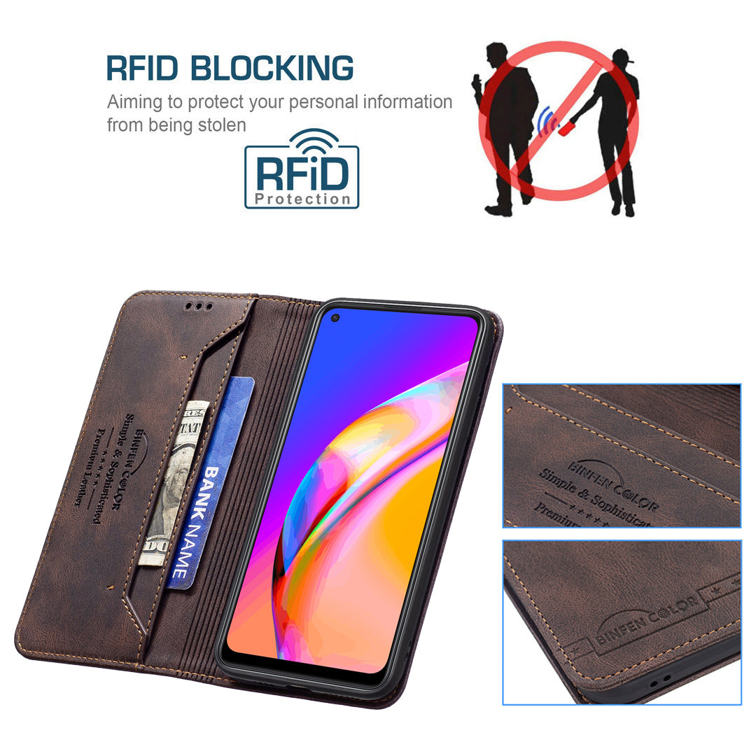 BINFEN COLOR Stylish RFID Blocking Design Anti-drop PU Leather Phone Case Wear-resistant Stand Cover for Oppo A94 5G/F19 Pro+ 5G/Reno5 Z