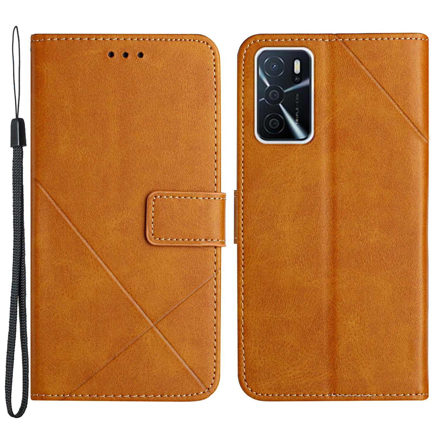 Stripe Design Leather Solid Color Magnetic Clasp Wallet Stand Phone Shell Case for Oppo A16 / A16s / A54s