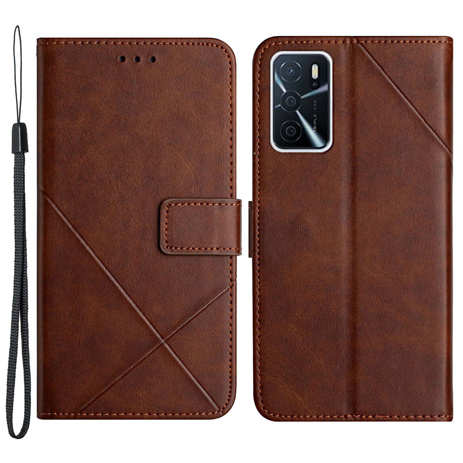 Stripe Design Leather Solid Color Magnetic Clasp Wallet Stand Phone Shell Case for Oppo A16 / A16s / A54s