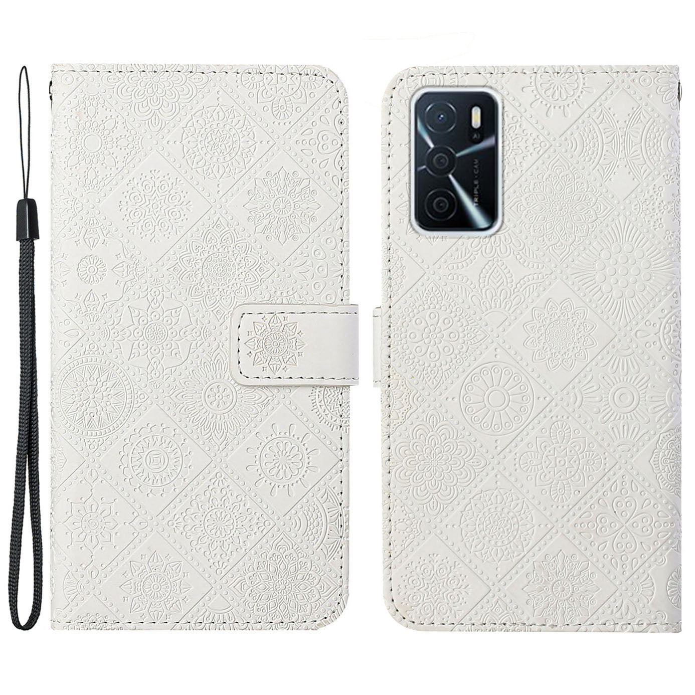 Stand Feature Ethnic Style Imprinted Flower PU Leather Magnetic Flip Shockproof Protective Case with Strap for Oppo A16