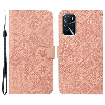 Stand Feature Ethnic Style Imprinted Flower PU Leather Magnetic Flip Shockproof Protective Case with Strap for Oppo A16