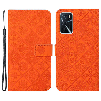 Stand Feature Ethnic Style Imprinted Flower PU Leather Magnetic Flip Shockproof Protective Case with Strap for Oppo A16