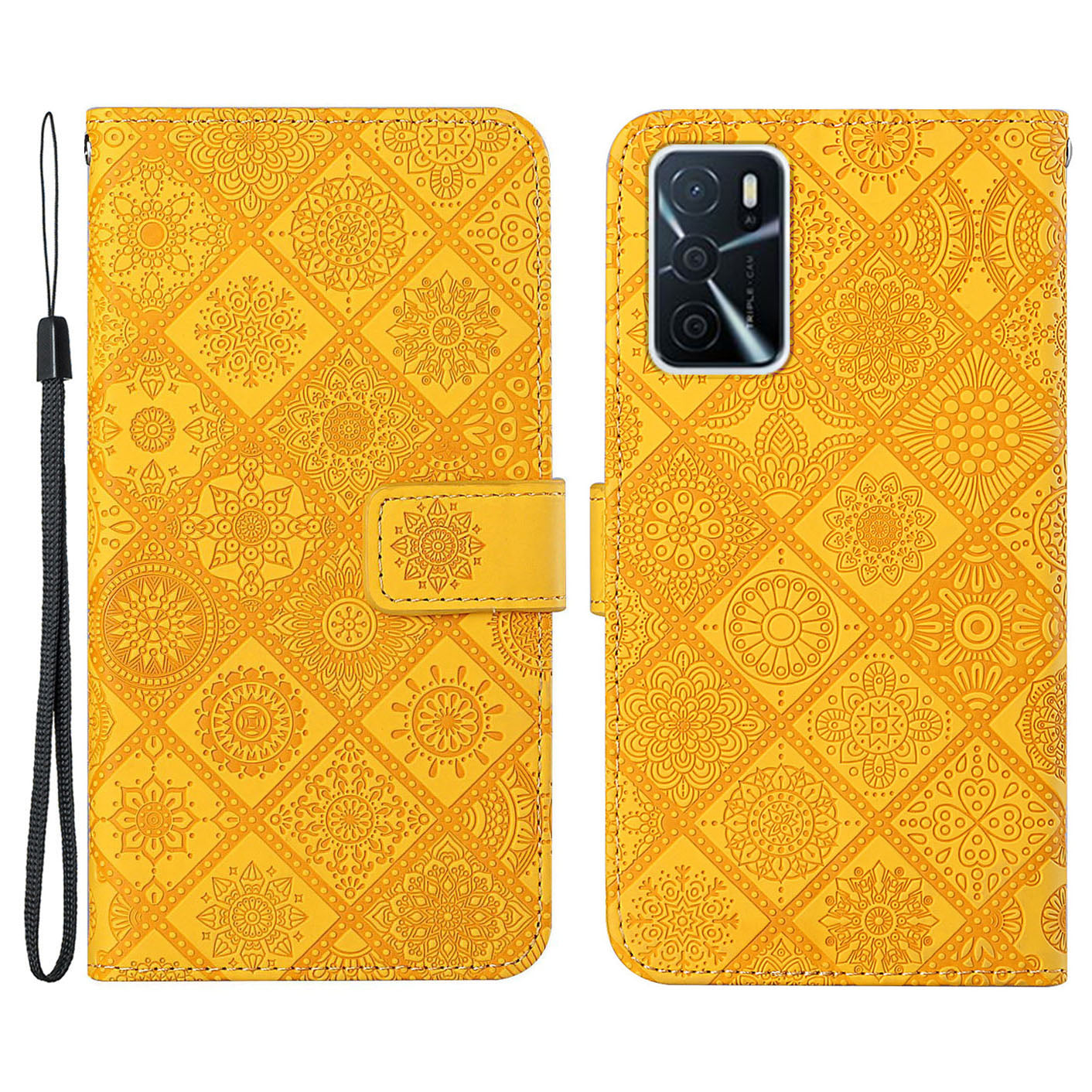 Stand Feature Ethnic Style Imprinted Flower PU Leather Magnetic Flip Shockproof Protective Case with Strap for Oppo A16