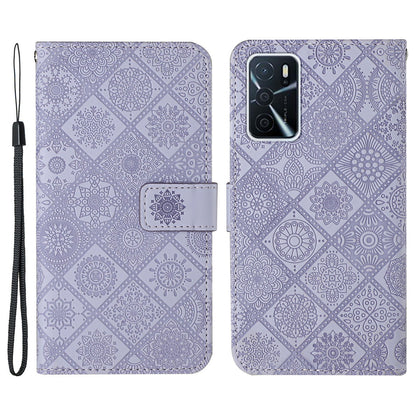 Stand Feature Ethnic Style Imprinted Flower PU Leather Magnetic Flip Shockproof Protective Case with Strap for Oppo A16