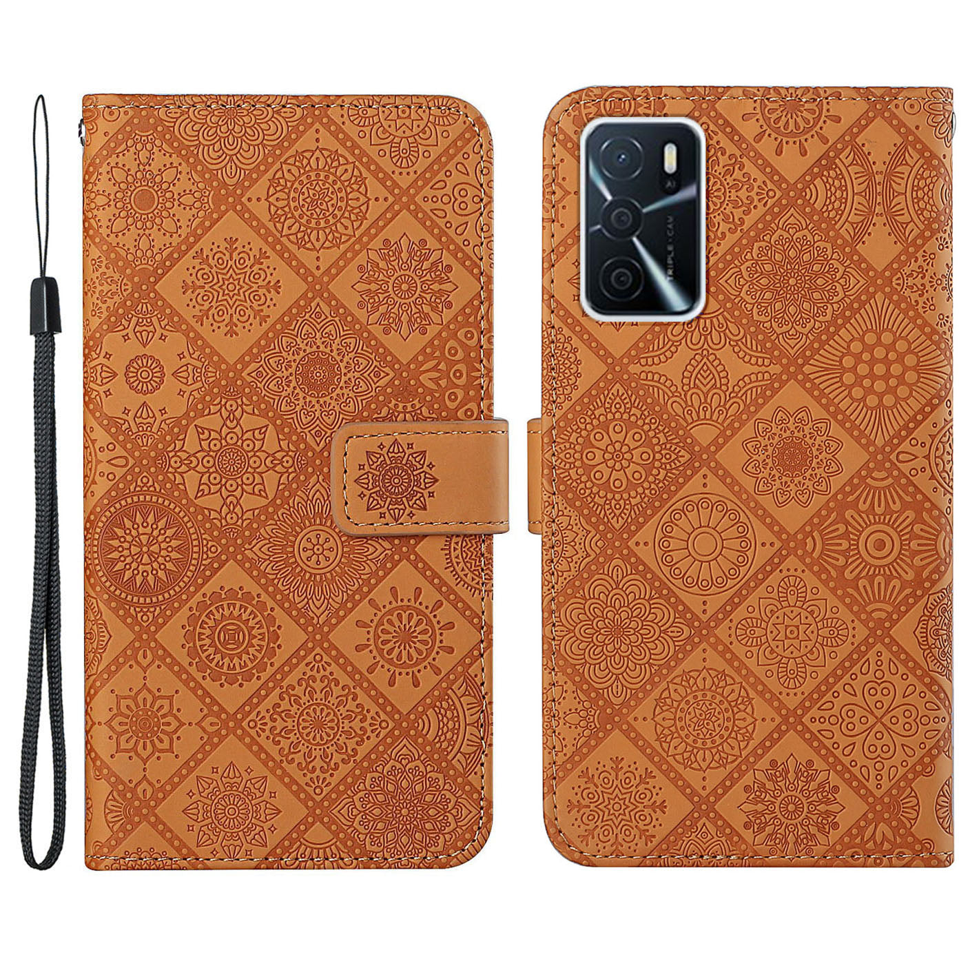 Stand Feature Ethnic Style Imprinted Flower PU Leather Magnetic Flip Shockproof Protective Case with Strap for Oppo A16