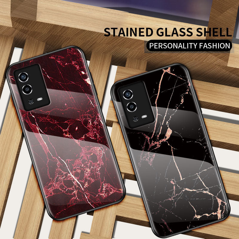 Marble Pattern Shockproof TPU Frame Tempered Glass Back Cover for Oppo A55 4G