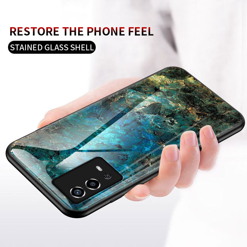 Marble Pattern Shockproof TPU Frame Tempered Glass Back Cover for Oppo A55 4G