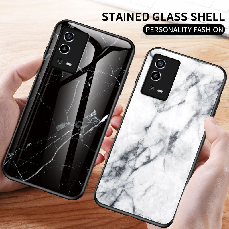 Marble Pattern Shockproof TPU Frame Tempered Glass Back Cover for Oppo A55 4G