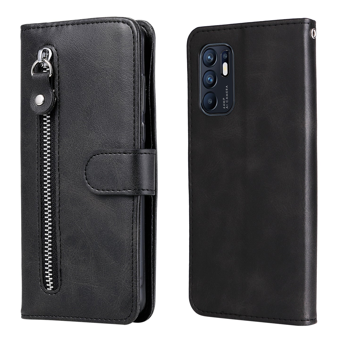 PU Leather Phone Case Zipper Pocket Design Wallet Stand Anti-Collision Phone Case for Oppo Reno6 4G